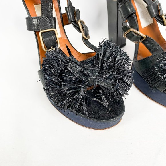 LANVIN Black Lametta Peep Toe Buckle Sandal Pumps - Picture 4 of 11